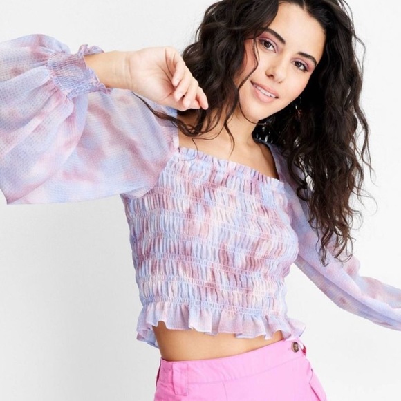 NWT Future Collective Watercolor Long Sleeve Smocked Bodice Top - Picture 2 of 12